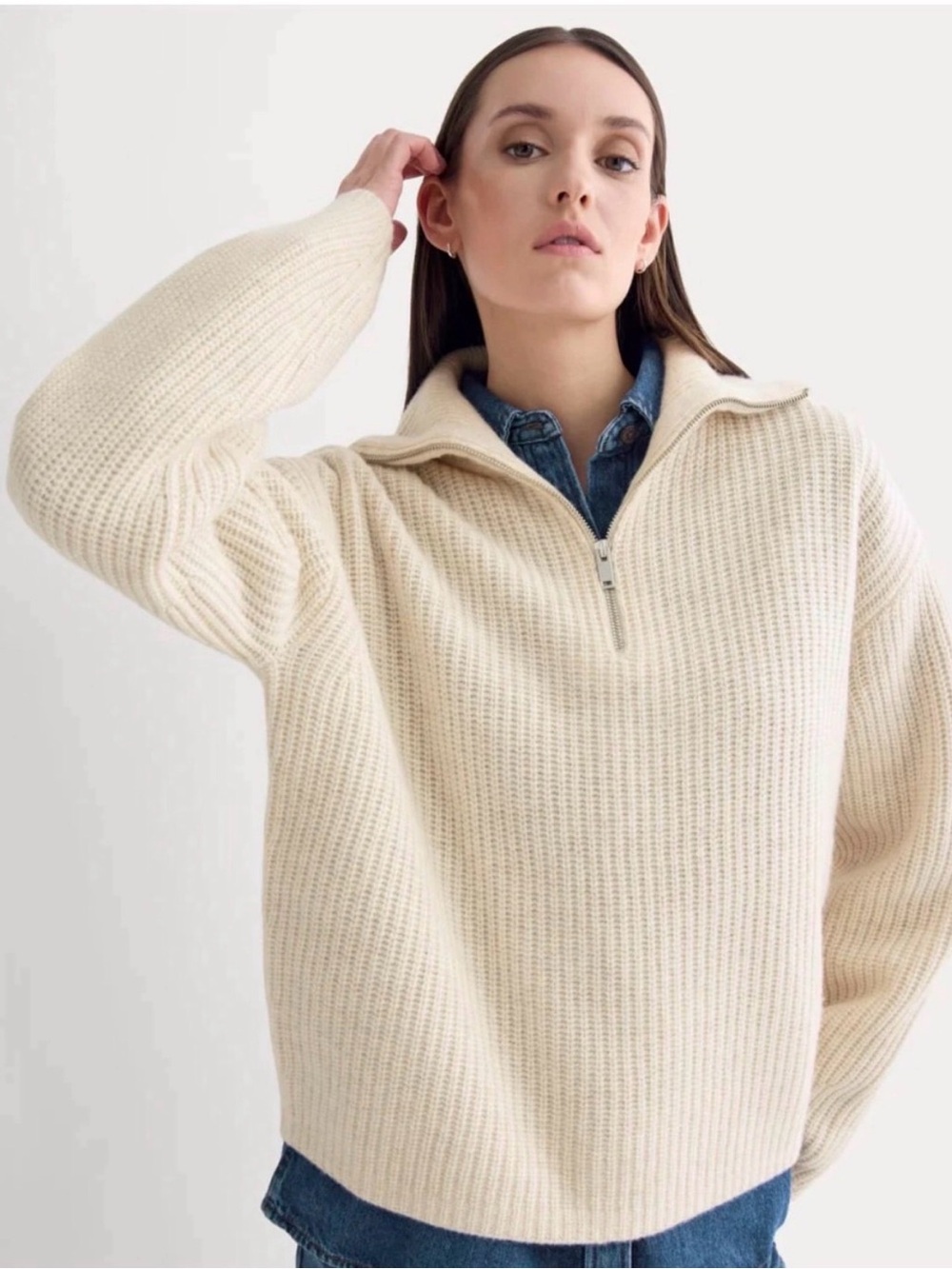 Everlane Cream Ribbed Wool Half-Zip Turtleneck Sweater
